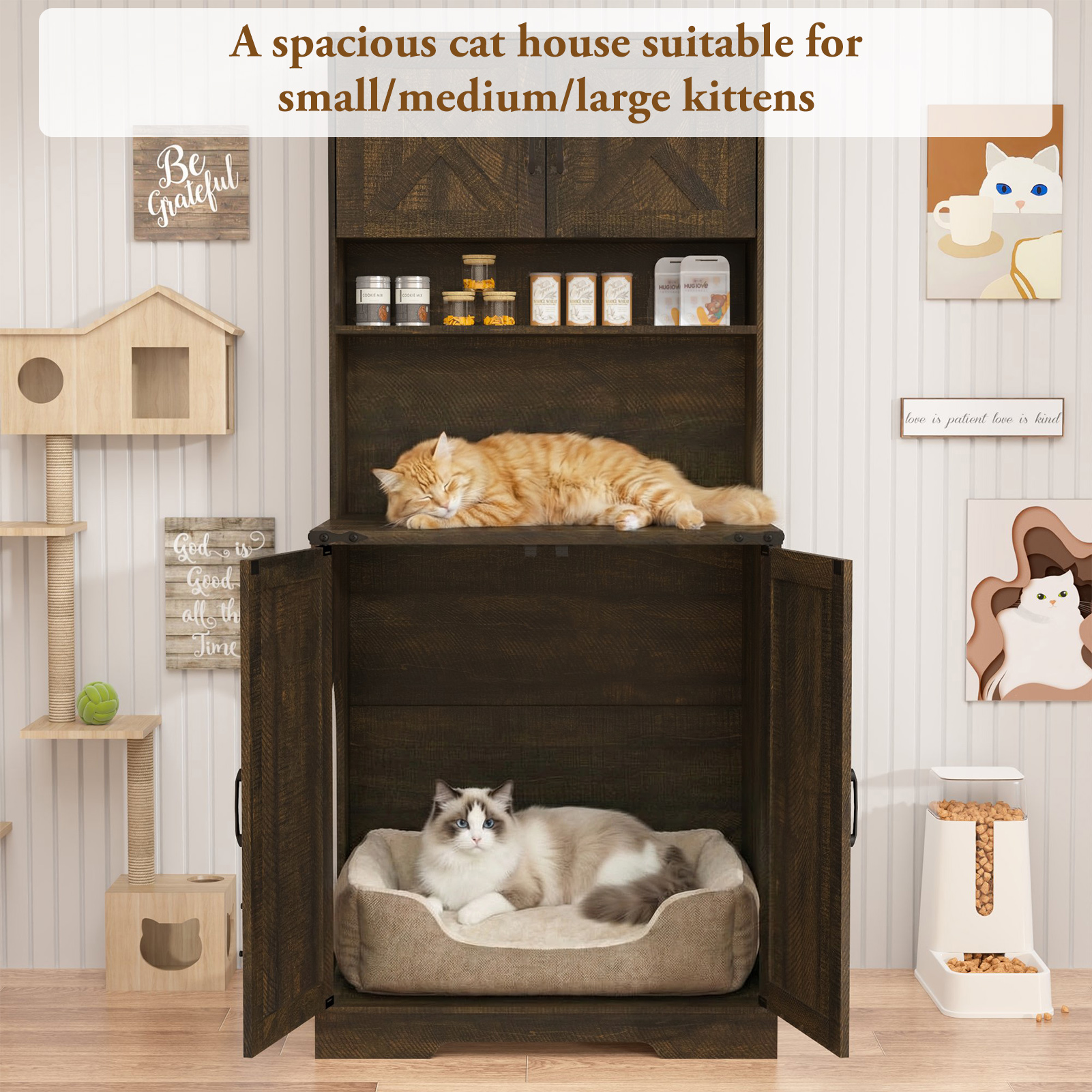 Blotout 71" Tall Farmhouse Cat Litter Box Enclosure W/ Shelves and Doors, Wooden Cat Litter Box Furniture for Self-Cleaning Litter Boxes, Large Hidden Litter Box Furniture W/ Power Outlets, Locks