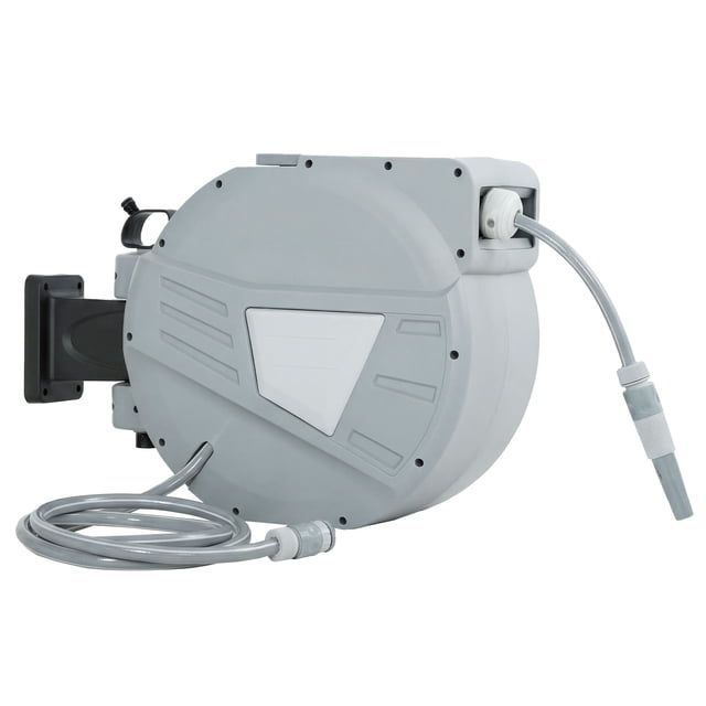 Enrouleur de Boyau d'Arrosage Rétractable de 98 Pi, Boyau d'Eau Mural de 1/2 Pouces avec Rétraction Automatique et Support Pivotant à 180°, Buse à Double Pulvérisation, Gris, pour Patio, Cour Arrière, Garage et Entretien de Jardin