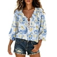 thumbnail image 2 of NTACZA Casual Women'S Summer&nbsp;Tops Boho Paisley Blouses Knot Front Ruffled V Neck Relaxed Fit 3/4 Sleeve Puff Vacation Blue, 2 of 8