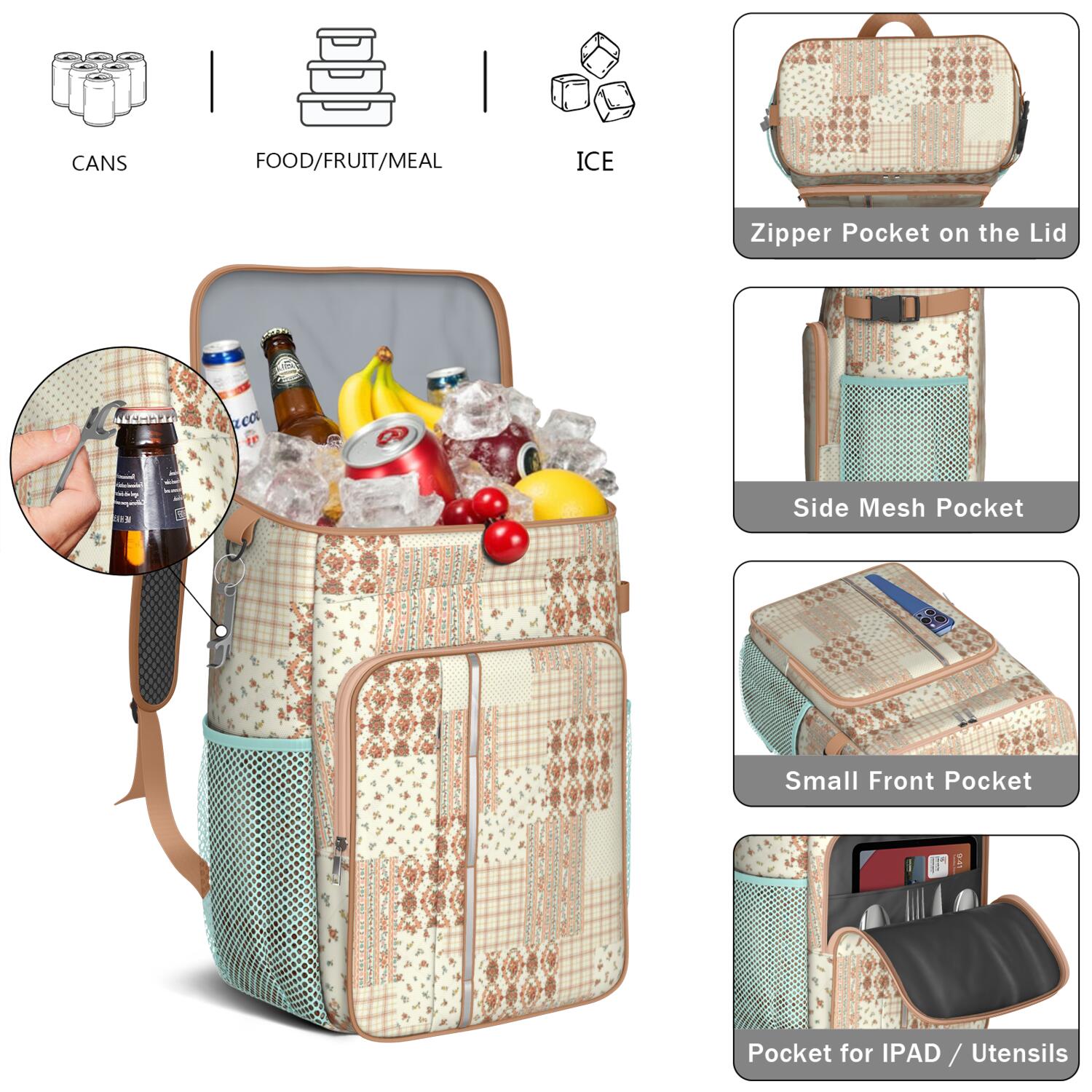 Travel Cooler Bag - Pioneer Flower Floral Print Pattern Camping Beer Cooler Backpack with Bottle Opener- Waterproof Insulated Picnic Backpacks - Cooler Bag for Beach