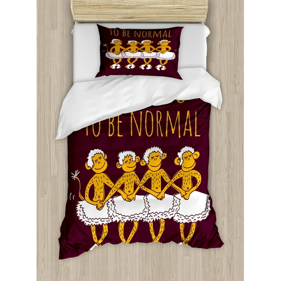 Animal Duvet Cover Set, Funny Ballerina Dancing Monkeys with So Boring to Be Normal Words Print, Decorative 2 Piece Bedding Set with 1 Pillow Shams, Twin Size, Maroon and Marigold, by Ambesonne