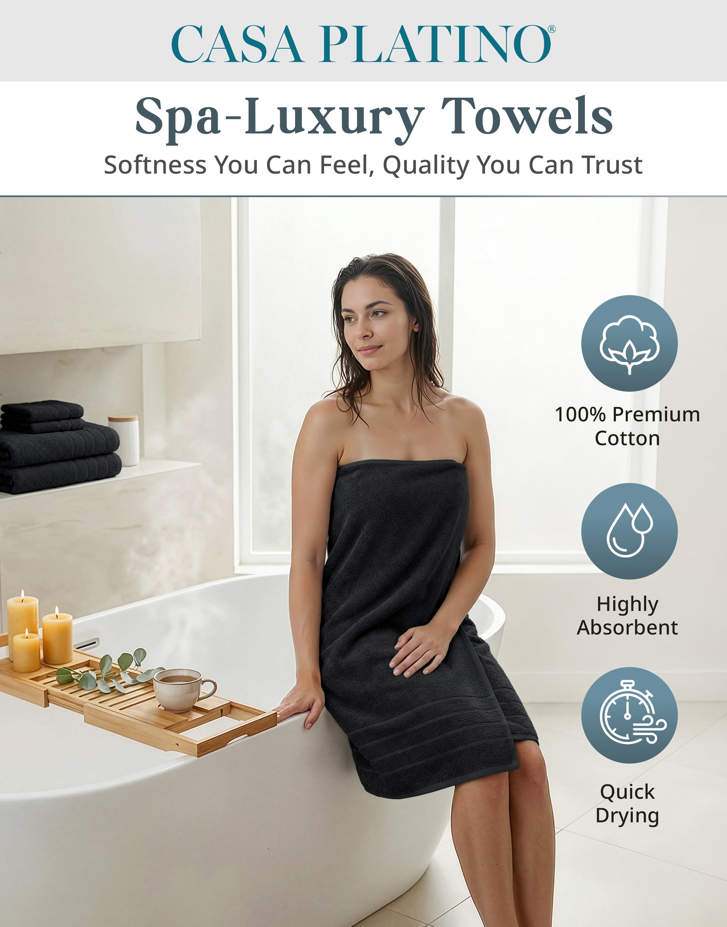 Casa Platino 12 Piece 100% Cotton Towel Set - Includes Bath Towels, Hand Towels & Washcloths - Soft & Durable Towels for Everyday Use - Black