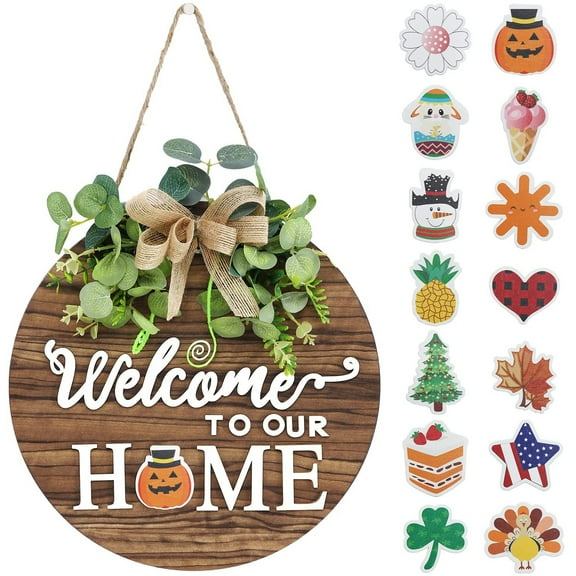 Husfou Interchangeable Welcome Sign for Front Door, Rustic Round Wood Wreaths Wall Hanging Decoration with 14 Changeable Icons, Seasonal Rustic Wooden Home Sign home décor