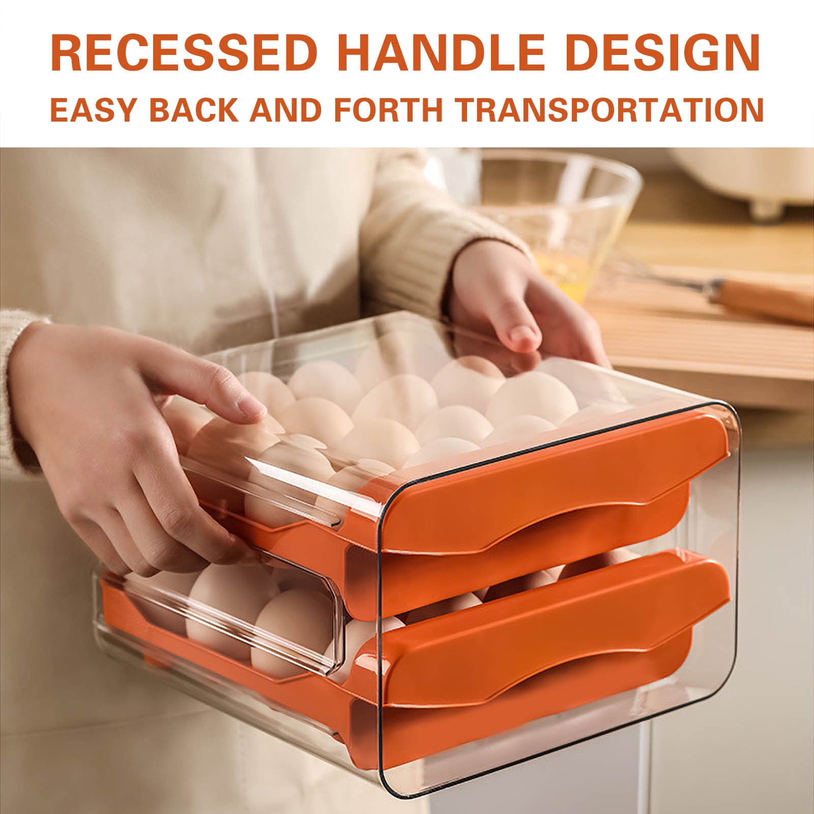 ROLKFUK 32-Compartment Egg Storage Container, Food-Grade PET Fridge Organizer, Double-Layer Kitchen Drawer for Eggs (Orange)
