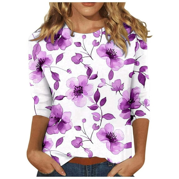 miqiqism Womens Tops 3/4 Sleeve Casual Shirts Juniors Vintage Floral Printed Top Trendy Crew Neck T-shirt 2024 Lightweight Pullover Blouse for Women,Purple,Large