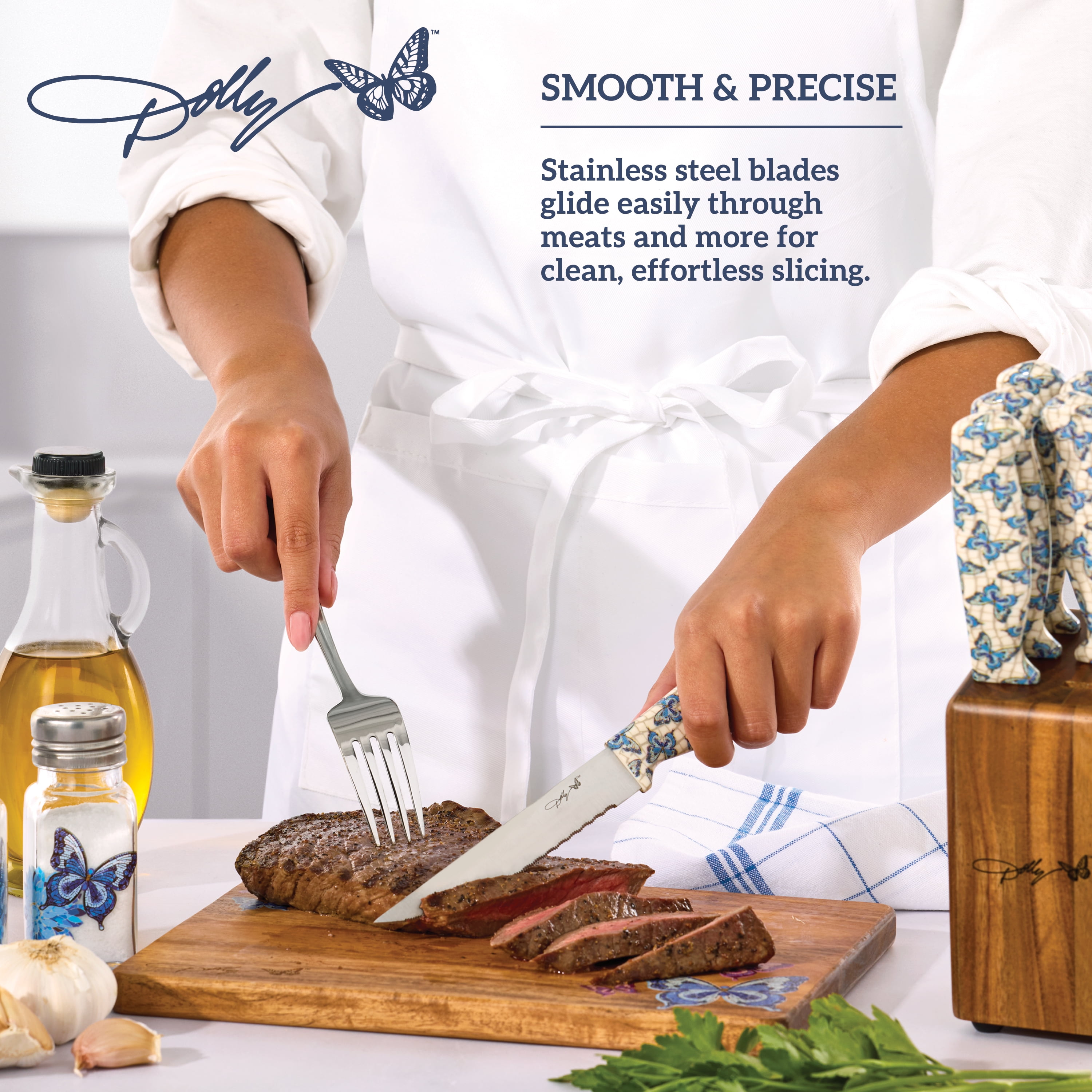 Dolly Parton 7-Piece Steak Knife Set with Blue Handles and Acacia Block for Storage