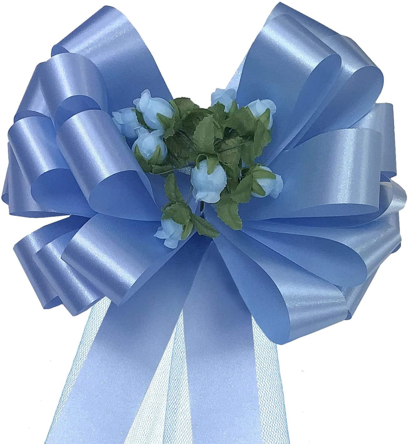 Light Blue Pull Bows with Tulle Tails and Rosebuds - 8" Wide, Set of 6, Easter, Wedding Pew Bows, Aisle Decoration, Reception