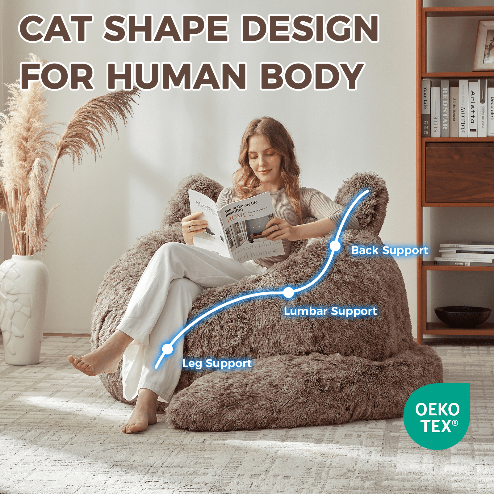Ebenchico 3.6ft Cat Shaped Bean Bag Chair for Adults Teens Kids, Giant Faux Fur Plush Beanbag Chairs with Filler, Brown
