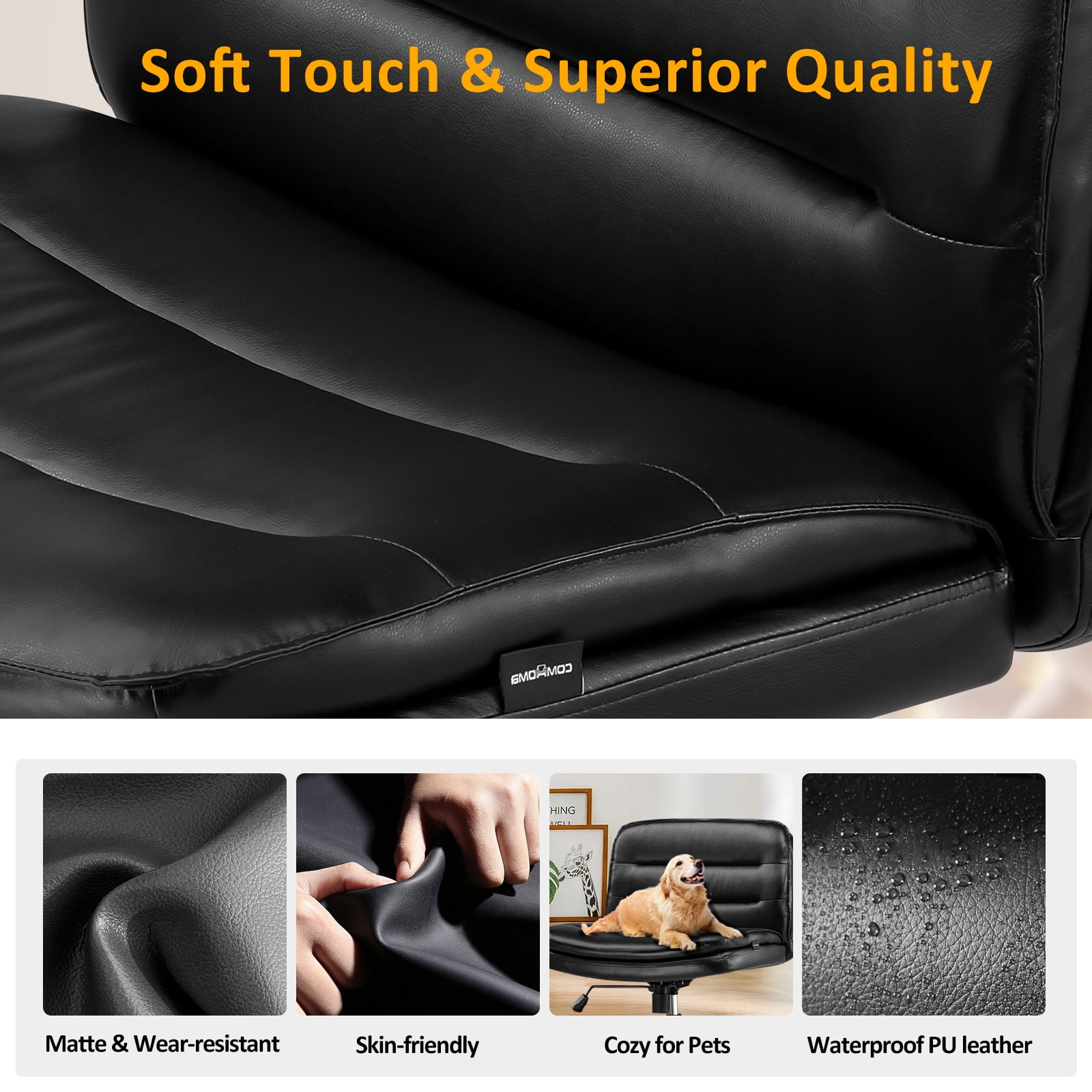CloudRest Pro Armless Office Desk Chair, Criss Cross Swivel Chair with Wheels, Wide Seat Adult Vanity Chair for Home Office , Black
