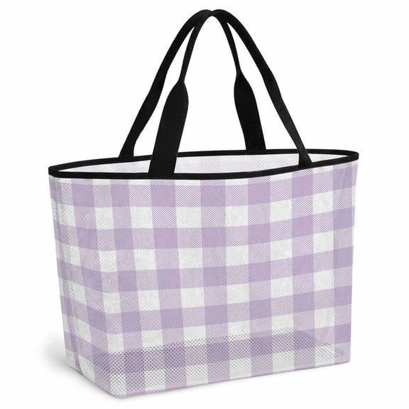 Plaid Purple Rural Style Beach Bag for Women,Large Breathable Mesh Beach Tote Bag,Rural Abstract Geometric Lattice Sandproof Lightweight Travel Bags for Vacation Picnic Swimming Pool 15.7"x15.7"x9.1"