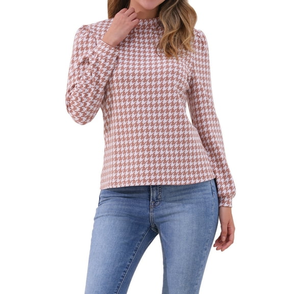 INSPIRE CHIC Women's Vintage Mock Neck Puff Long Sleeve Casual Houndstooth Plaid Blouse L Pink