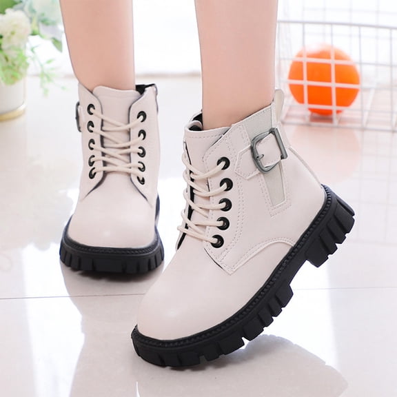 Spazoro Kids Girls Side Zipper Ankle Martin Boots, Metal Buckle Non-Slip Waterproof PU Leather Lace Up Booties Shoes for Fall Winter White