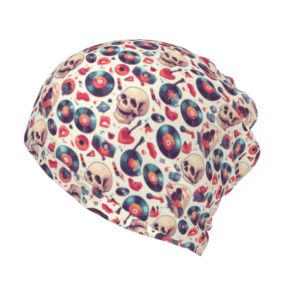 Vsdgher Skull Guitar record lips Slouchy Beanie Hat for Men/Women, Skull Cap Chemo Cap Night Sleeping Cap