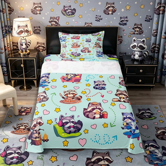 Castle Fairy Cute Cartoon Snack Raccoon Twin Sheets 3pcs for Boys,Heart Star Pastel Base Bedding,Mint Yellow Pink,1 Fitted Sheet, 1 Flat Sheet and 1 Pillowcase