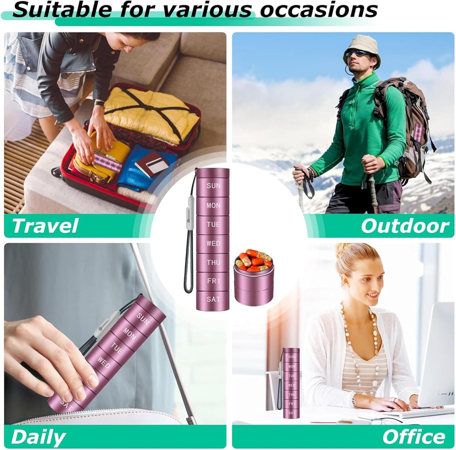 Weekly Pill Box Bpa Free, Travel Pill Organizer Aluminum Waterproof Medicine Tablet Dispenser, Screw Top Pill Bottle Detachable Daily Pill Case To Hold Pills, Vitamins, Fish Oil, Supplements