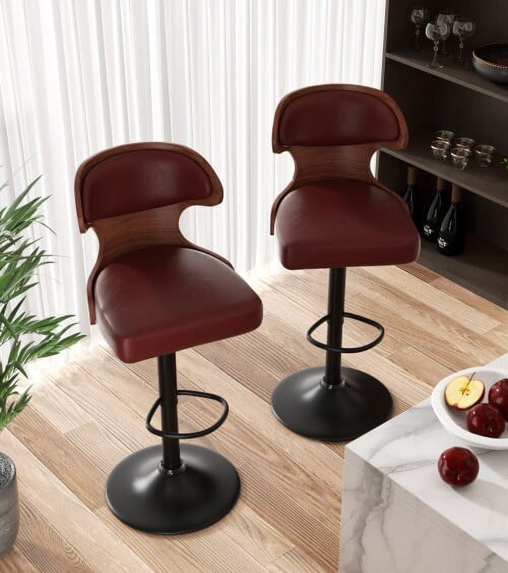Hawsaiy Bar Stools Set of 2, Adjustable Height 24.5"-33.5", Bentwood Swivel Barstools with Back & Footrest, PU Leather Upholstered Bar Chairs for Kitchen Island, Dining Room, Home Bar