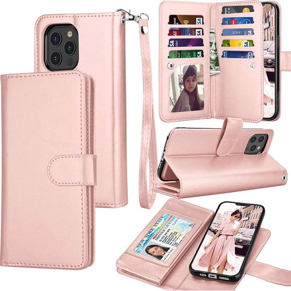 Tekcoo Wallet Case for iPhone 12 Pro Max / iPhone 12 Mini 2020 Luxury ID Cash Credit Card Slots Holder Carrying Pouch Folio Flip PU Leather Cover [Detachable Magnetic Hard Case] Lanyard - Rose Gold
