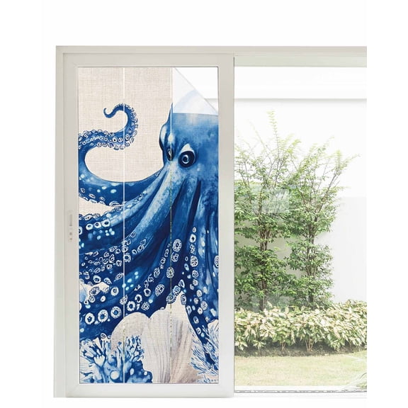 Window Privacy Film Blue Octopus Coastal Stained Glass Window Film Decorative Sun Block Window Cover Nautical Summer Beach Ocean Rustic Window Clings Static Adhesive Sticker for Bathroom 35.4"x78.7"