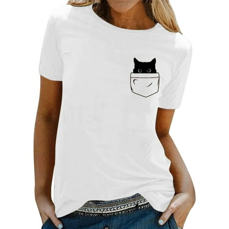 

Fsqjgq Tshirts Shirts for Women Basic Bustier Tops for Women Womens Spring Summer Cats Printed Short Sleeve Crewneck T Shirt Top White M