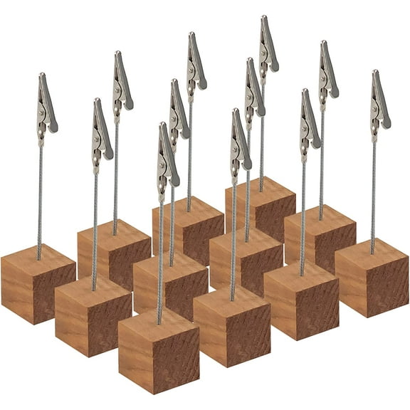 RETON 12PCS Rustic Wood Place Card Holders with Memo Clips , Wooden Place Card Holder Card Stand for Wedding Party Displaying Number Table Photo Holder (Wood Cube Base)