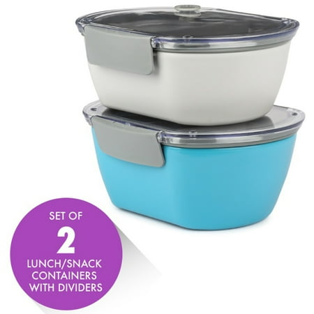 5 Food Compartments Tray (Zell Set of Two Lunch Boxes with Compartments & Snap Lock Lids | Removable Tray Dividers | BPA Free, Reusable Food Storage Containers | For Kids & Adults | Blue,)