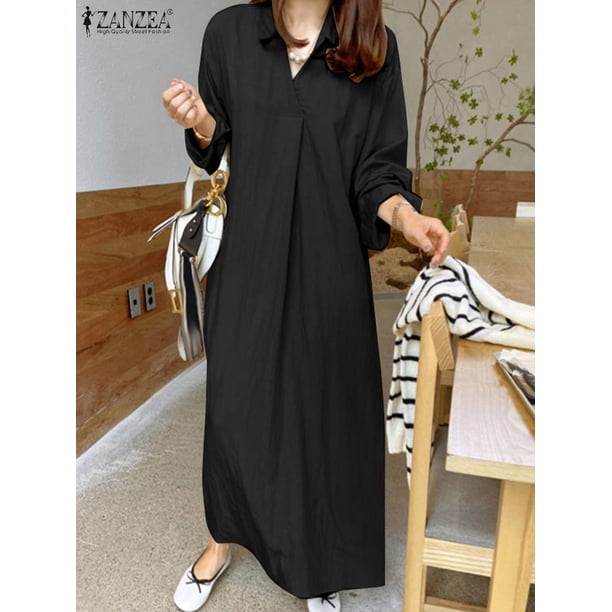 ZANZEA Female Long Sleeve Sundress Elegant Solid Color Fashion Long Vestidos Spring Office OL Shirt Dress Ankle Length Robe 20235XL Gao Jinjia LED