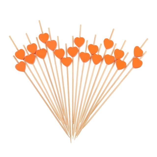 Uxcell 100Pcs Palillos de cóctel en forma de corazón de bambú para bebidas, alimentos y frutas, Naranja