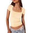 thumbnail image 1 of Camiseta Camisa básica de mujer Color sólido Top sin costuras Cuello cuadrado Ropa informal de calle Traje Ygjytge Champán M para Mujer, 1 of 9