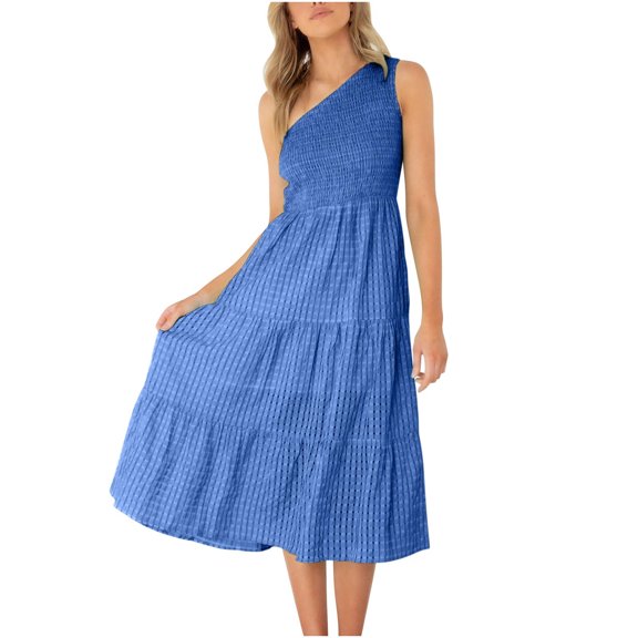 IROINNID Women's Sleeveless A-Line Dress One Shoulder Boho Summer One Shoulder Smocked Flowy Tiered Party Dress Beach Maxi Dress Strapless Dress