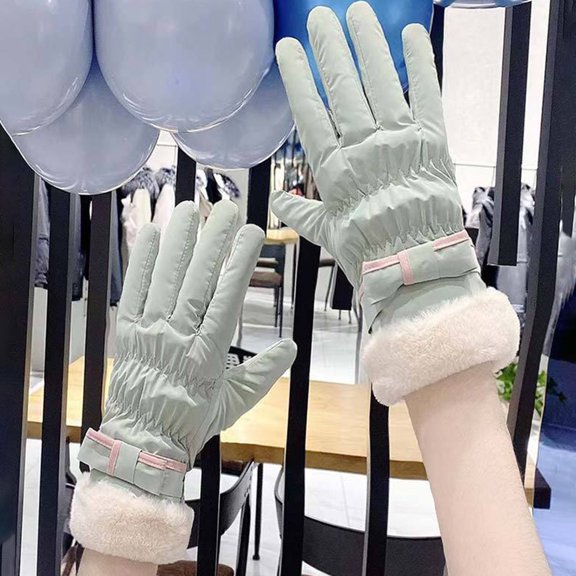 1 Pair Full Finger Bow Decoration Coral Fleece Lining Elastic Thickened Fashion Gloves Autumn Winter Fluffy Cuf