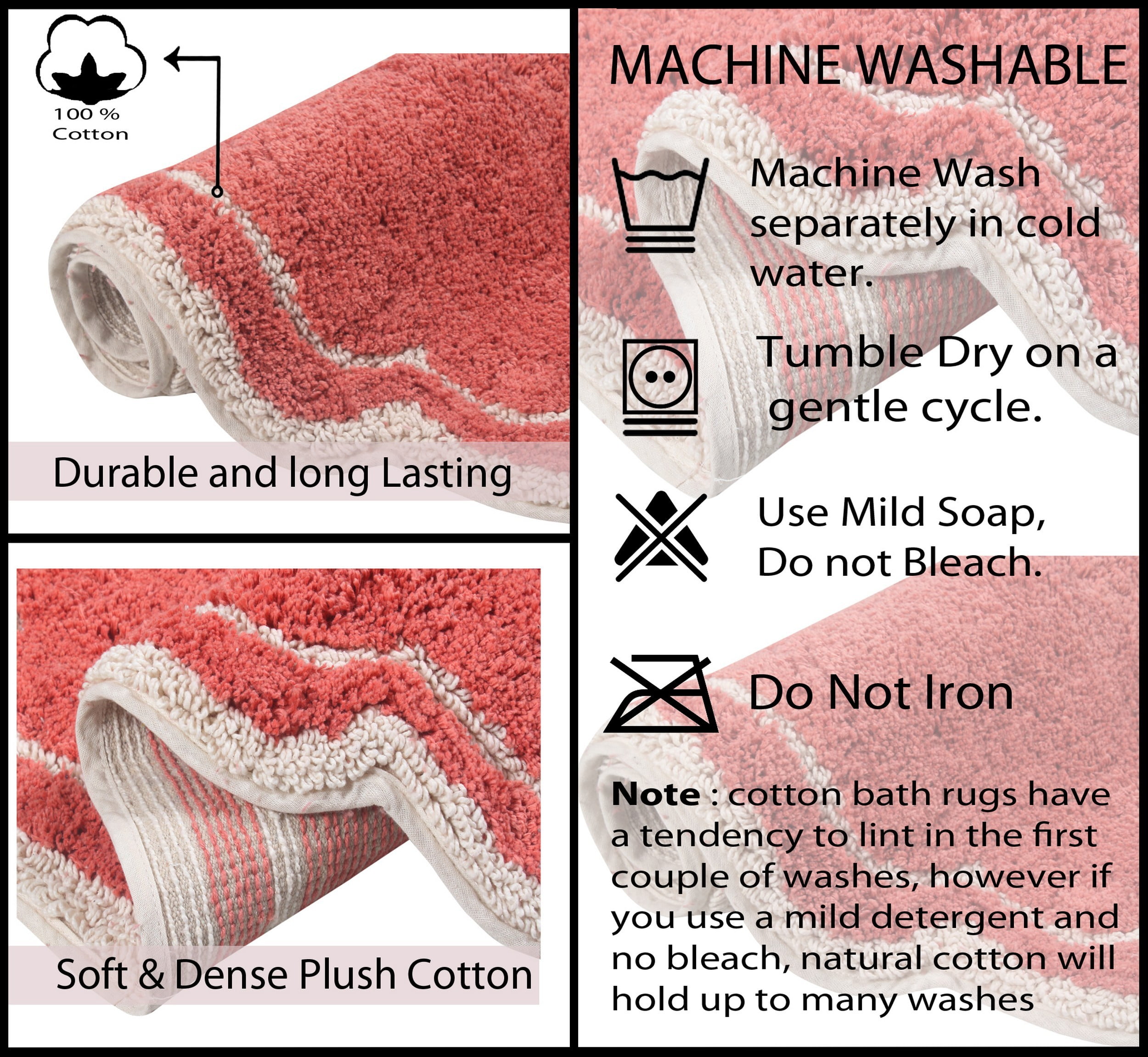 Home Weavers Allure Collection 100% Cotton Non-Slip Bathroom Rug Set Machine Washable Bathroom Rug, Bath Rug, U Shaped Contour, Runner, Coral Color 4 Piece Bath Rug set