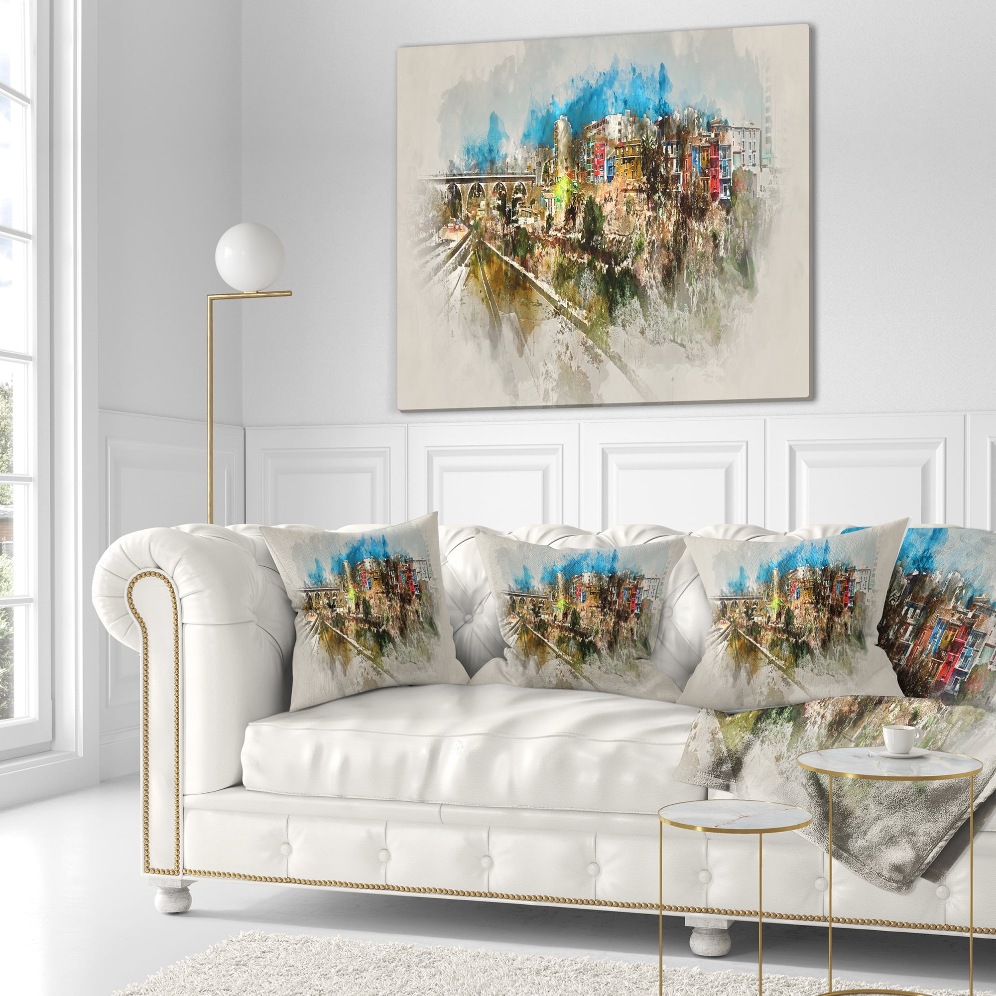 Designart Villajoyosa Town Watercolor - Cityscape Throw Pillow - 16x16