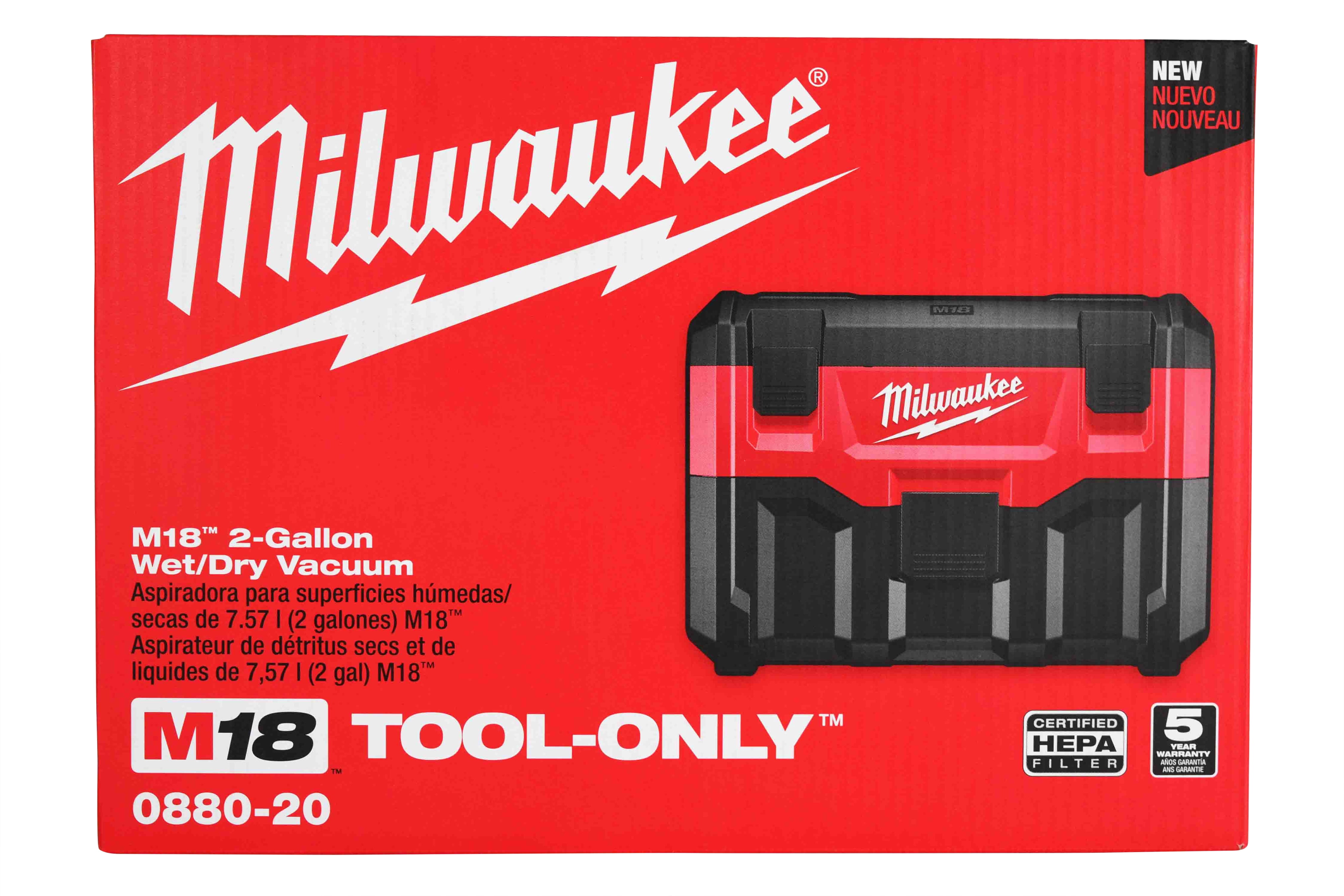 Milwaukee M18 Cordless 2-Gallon Wet/Dry Vacuum (0880-20) – HEPA Filter, 45 CFM, Built-In Blower Port (Bare Tool)