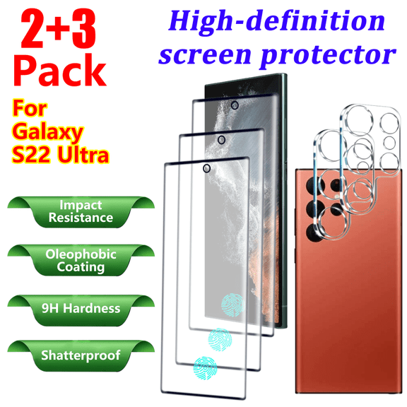 【 3 2 Pack 】 Samsung Galaxy S22 Ultra (6.8 Inch) 3-piece high-definition screen protector tempered film with 2 lens protectors, supports fingerprint unlocking, scratch resistance, no bubbles