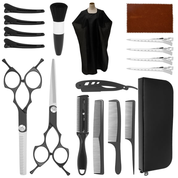 Grusce 19 Pcs Hair Cutting Scissors Shears Kit, Professional Barber Hairdressing Texturizing Salon Razor,Stainless Steel Hairdressing Shears Set, Thinning Shear Shaver Cutting Kit-Black