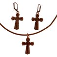 thumbnail image 1 of DragonWeave Dark Cross Charm Necklace & Earring Set, Antique Copper Brown Leather Adjustable 14-16", 1 of 3