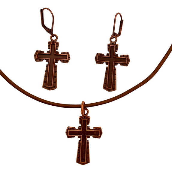 DragonWeave Dark Cross Charm Necklace & Earring Set, Antique Copper Brown Leather Adjustable 14-16"