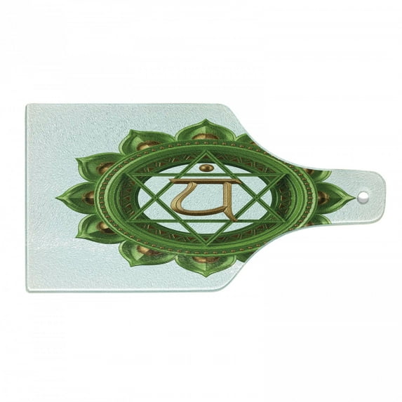 Colorful Cutting Board, Circular Oriental Style Earth Core Form Balance and Harmony in Cosmos Theme, Decorative Tempered Glass Cutting and Serving Board, Wine Bottle Shape, Green Brown, by Ambesonne