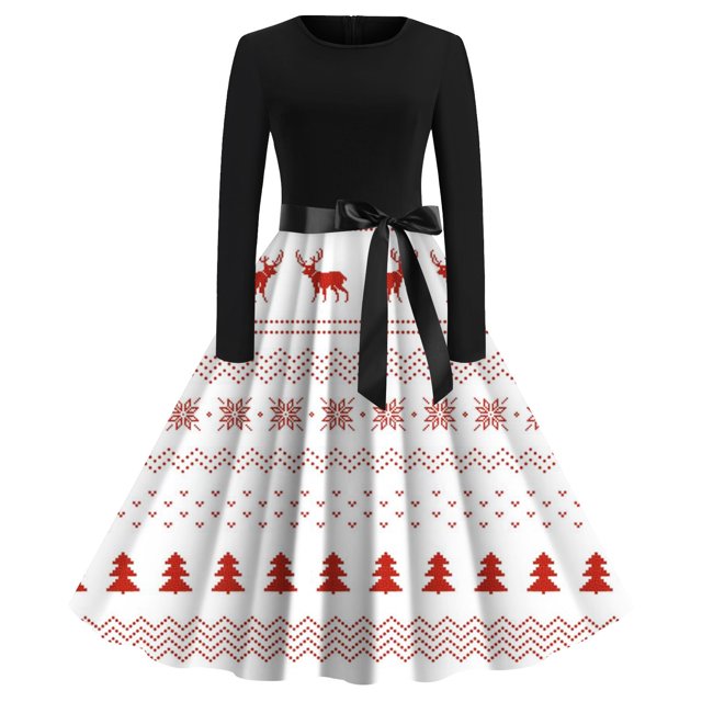 Robes de Fête de Noël pour Femmes 2024 Vintage Nouveau Col Rond Mode Imprimé Manches Longues Grande Robe Évasée (Taille: L)