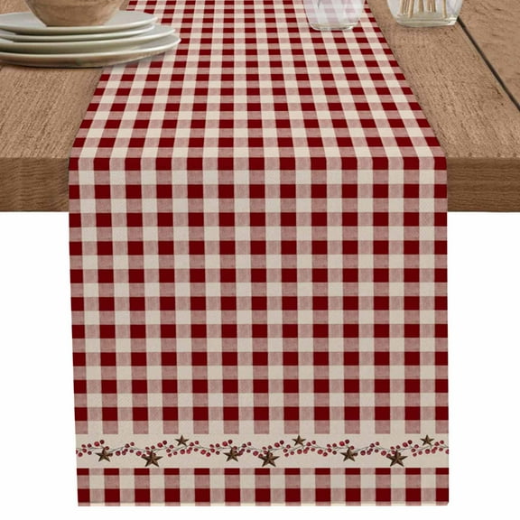 Vintage Western Star Berry Table Runner-70 Inch Long Red Buffalo Checkered Plaid Table Runners Linen Burlap Tablerunner for Kitchen Dining Room Holiday Party