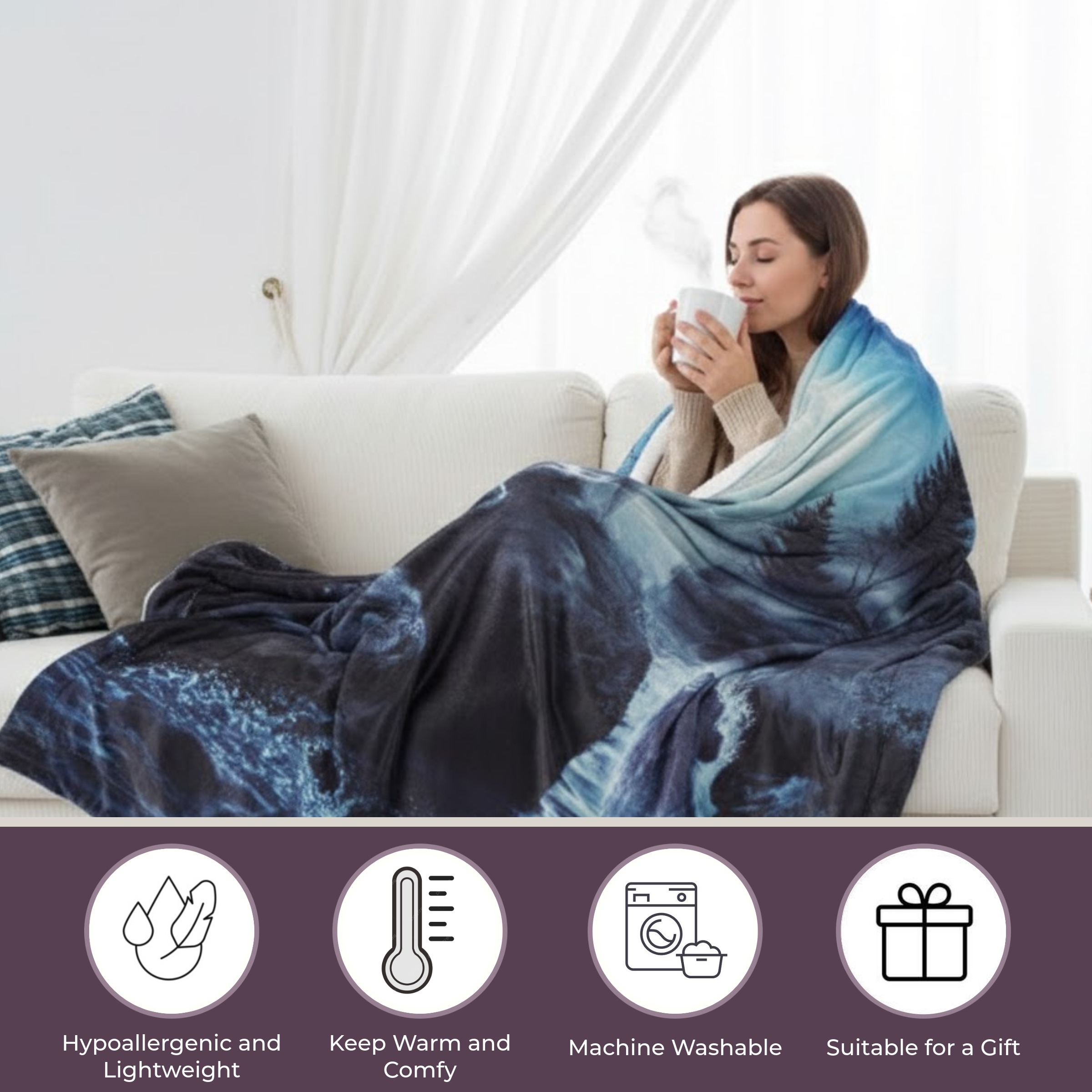 Somerset Home Wolf Pattern Hypoallergenic Fleece Sherpa Throw Blanket