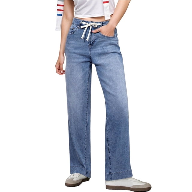 Vaqueros de pierna ancha for mujer, talle alto, holgados, pierna recta, pantalones de mezclilla elásticos, pantalones vaqueros elásticos con cordones y bolsillos