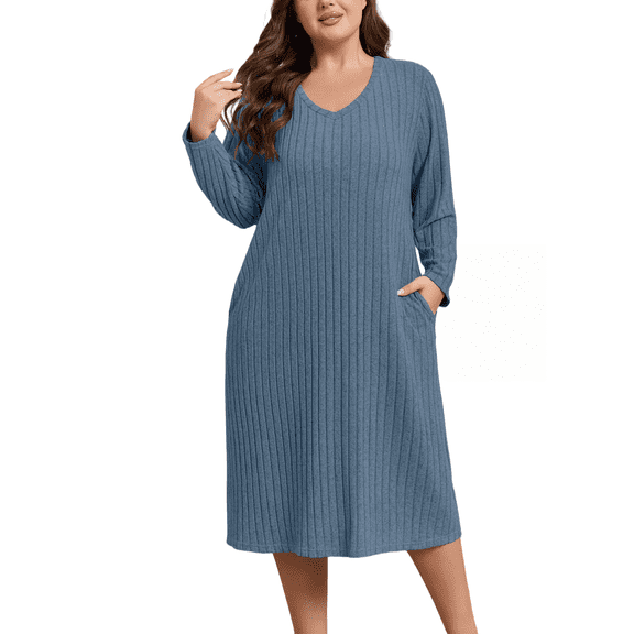 FEREMO Womens Plus Size Long Sleeve Nightgown V Neck Ribbed Knit Lounge Dress with Pockets, Sizes 1-5X