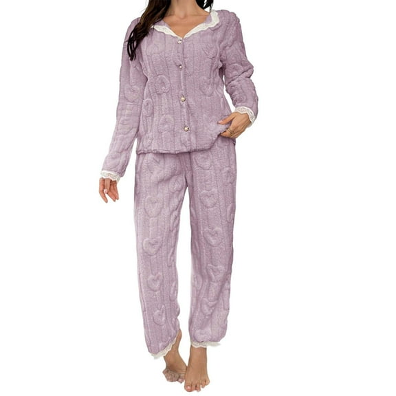 SwiftWear Royal-Inspired Jacquard Lace Pajama Set for Women - Thermal Knit Winter Flannel Sleepwear & Loungewear Hearts Pattern Cardigan Top with Lounge Pants