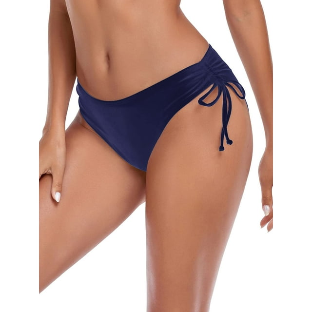 Ocean Blues Women's Full Coverage Swim Bottoms Sides Drawstring Mid Rise Bikini Bottom Navy Blue Bathing Suit Size M