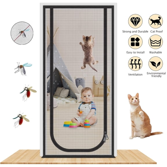 Upgraded Reinforced Cat Screen Door, Heavy Duty Pets Proof Screen Door with Bilateral Zipper, Prevent Pets Running Out from Home, Durable Thickened Cat Resistant Mesh Screen Door, Black
