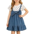 thumbnail image 2 of Afuyipoi Toddler Girls Summer Short Sleeve Denim Dress (6 Months-4 Years) Fashion Polka Dot Print Bowknot Cowboy Skirt for Daily Play Black 18-24 Months, 2 of 7