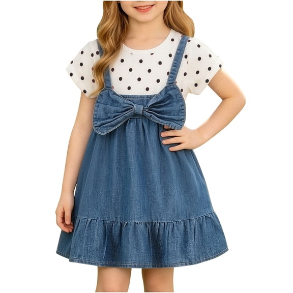 CHEEREAM Short Sleeve Dress For Kids A-Line Summer Denim Skirt Dot Top Crew Neck Causal Ruffle Hem Bowknot Vacation Dresses For Girls