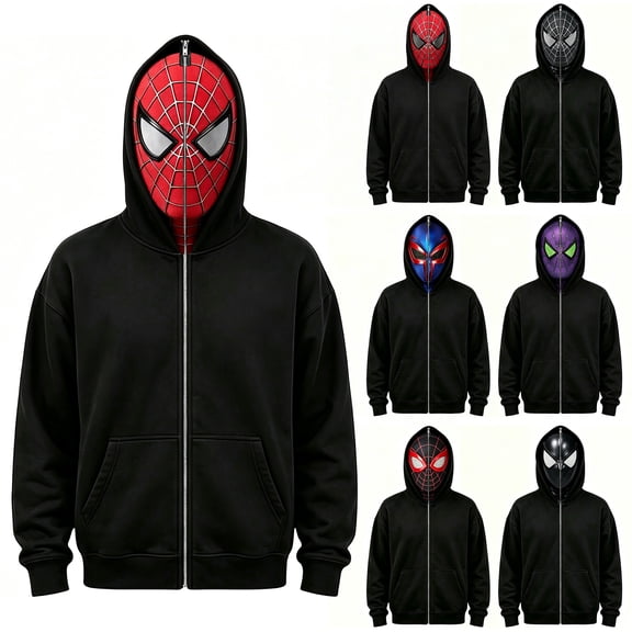Unisex Full Zip-Up Hoodie Mask Sweatshirt Superhero Hero Pattern Graphic Outerwear for Halloween Party Role Play Show Black 110