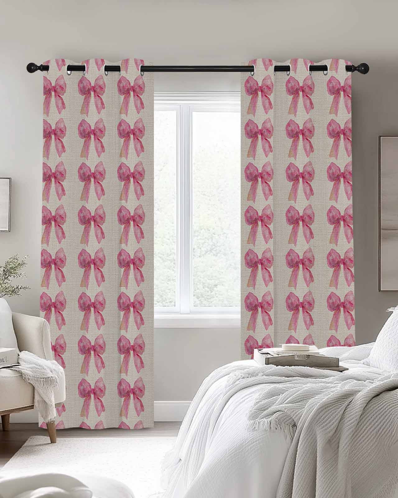 Pink Bow Blackout Curtains 72 Inch Length Vintage Spring Retro Bow Plaid Linen Texture Farm Thermal Insulated Window Curtain Window Drapes 2 Panels for Bedroom Living Room 52"Wx72"L